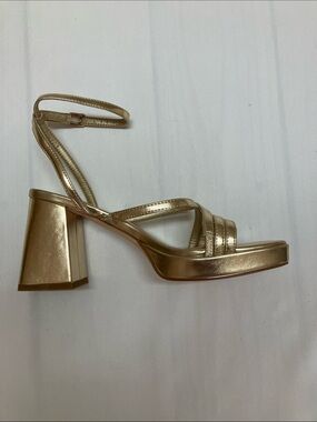 Metallic Gold Platform Block Heel Sandal with Ankle Strap - Women
